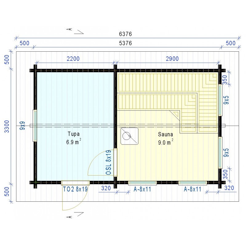 Sauna Tuiske 92 mm (Yhden ulko-oven malli) - Pohjakuva
