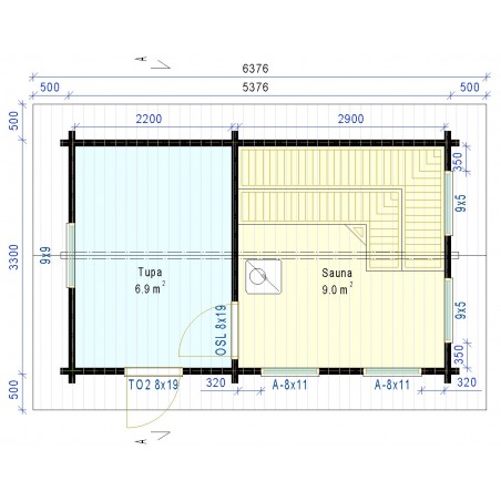 Sauna Tuiske 92 mm (Yhden ulko-oven malli) - Pohjakuva