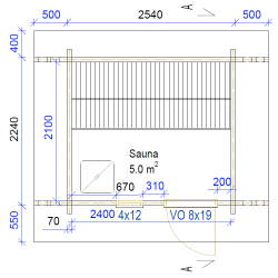 Sauna Tulimäki - Pohjakuva mitoilla 70 mm hirsivahvuudella