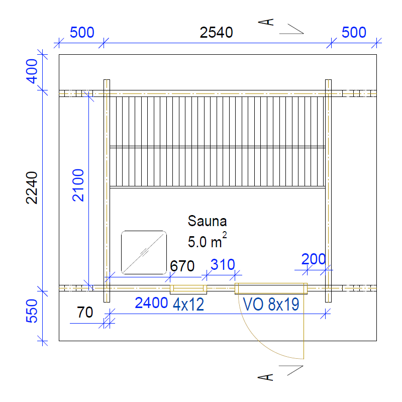 Sauna Tulimäki - Pohjakuva mitoilla 70 mm hirsivahvuudella