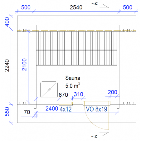 Sauna Tulimäki - Pohjakuva mitoilla 70 mm hirsivahvuudella