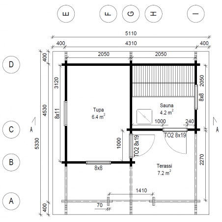 Hirsikehikko, Sauna Pilvi, 70 mm - Pohjakuva