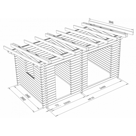 Hirsikehikko Parivarasto Veini 12, 70x145 - Hirsikehikko ja katon runko mallinnettuna