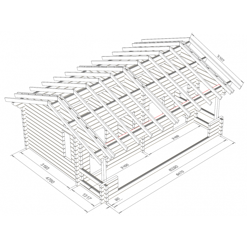 Parivarasto Atte 22, 90x195 - 3D Hirsikehikon runkomalli + katon runko